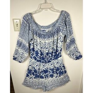 Anthropologie Romper Women S Blue White Floral Cottagecore Coastal Grandma